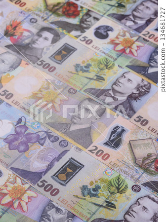 Money, currency of Romania, Romanian leu banknotes of various denominations. Romania, Romanian money Money, currency of Romania, Romanian leu banknotes of various denominations. Romania, Romanian money 134681727
