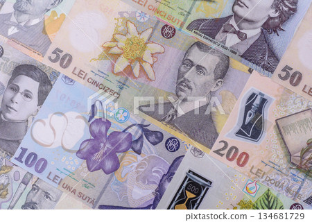 Money, currency of Romania, Romanian leu banknotes of various denominations. Romania, Romanian money Money, currency of Romania, Romanian leu banknotes of various denominations. Romania, Romanian money 134681729