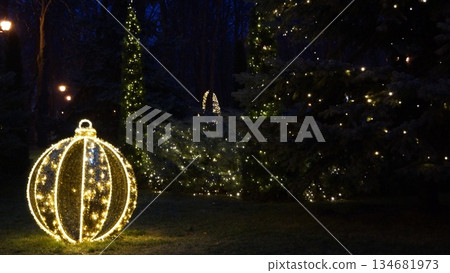 Street festive lights New Year's city decor at night 134681973