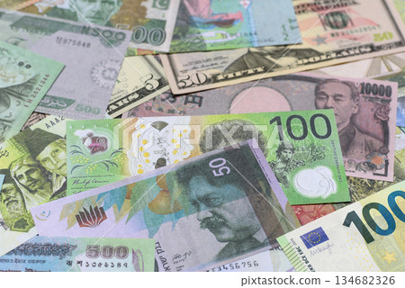 Money background, currency, paper banknotes from different countries. Money cash currency, green Money background, currency, paper banknotes from different countries. Money cash currency, green 134682326