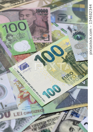 Money background, currency, paper banknotes from different countries. Money cash currency, green Money background, currency, paper banknotes from different countries. Money cash currency, green 134682344