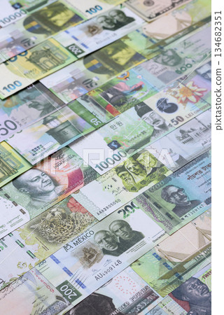 Money background, currency, paper banknotes from different countries. Money cash currency, green 134682351