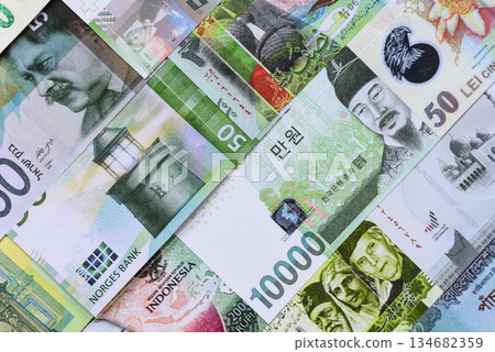 Money background, currency, paper banknotes from different countries. Money cash currency, green 134682359