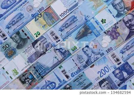 Money background, currency, paper banknotes from different countries. Money cash currency, blue Money background, currency, paper banknotes from different countries. Money cash currency, blue 134682594