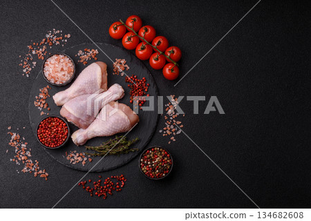 Raw chicken legs, poultry meat for grilling or barbecue. Chicken legs Raw chicken legs, poultry meat for grilling or barbecue. Chicken legs 134682608