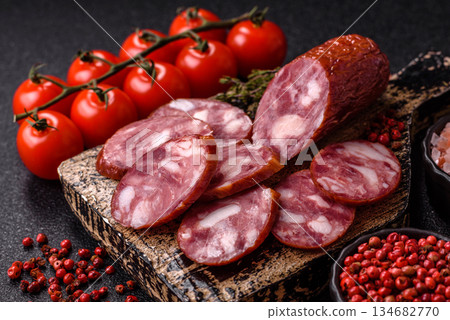 Smoked salami, thin beef or pork sausage, meat snacks. Salami sausage 134682770