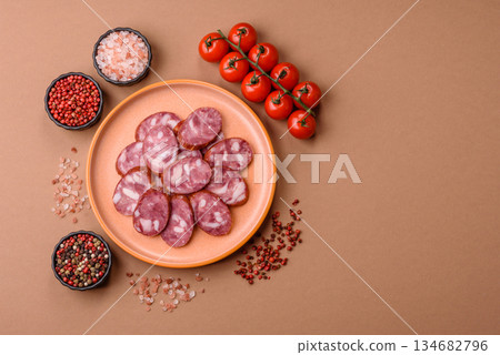 Smoked salami, thin beef or pork sausage, meat snacks. Salami sausage Smoked salami, thin beef or pork sausage, meat snacks. Salami sausage 134682796