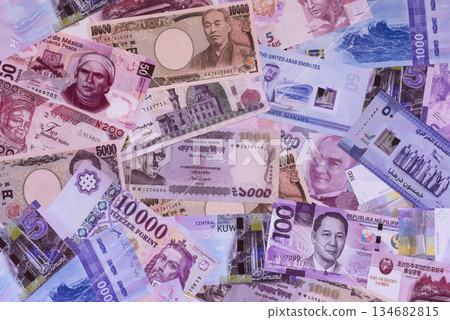 Money background, currency exchange, paper banknotes from different countries. Money cash currency Money background, currency exchange, paper banknotes from different countries. Money cash currency 134682815