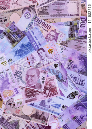 Money background, currency exchange, paper banknotes from different countries. Money cash currency 134682816