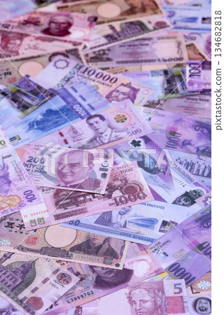 Money background, currency exchange, paper banknotes from different countries. Money cash currency Money background, currency exchange, paper banknotes from different countries. Money cash currency 134682818