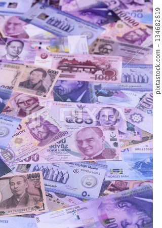 Money background, currency exchange, paper banknotes from different countries. Money cash currency Money background, currency exchange, paper banknotes from different countries. Money cash currency 134682819