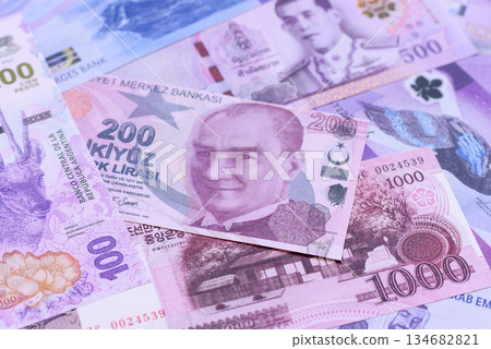 Money background, currency exchange, paper banknotes from different countries. Money cash currency 134682821