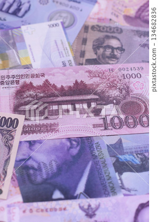 Money background, currency exchange, paper banknotes from different countries. Money cash currency Money background, currency exchange, paper banknotes from different countries. Money cash currency 134682836