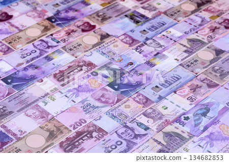 Money background, currency exchange, paper banknotes from different countries. Money cash currency Money background, currency exchange, paper banknotes from different countries. Money cash currency 134682853