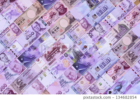 Money background, currency exchange, paper banknotes from different countries. Money cash currency 134682854