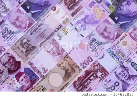 Money background, currency exchange, paper banknotes from different countries. Money cash currency 134682855