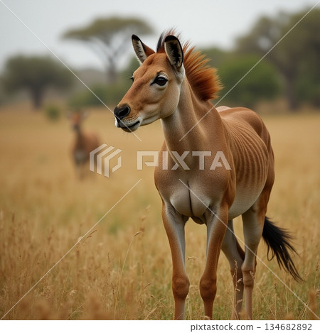 AI generated Young horse in sunset meadow, Baby horse amidst golden evening grasses 134682892