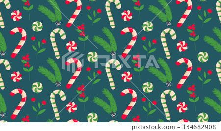 Seamless pattern featuring red and white candy canes, pine/fir branches, and small red berries/flowers on a dark Seamless pattern featuring red and white candy canes, pine/fir branches, and small red berries/flowers on a dark 134682908