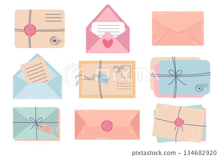 A cute vector collection of 9 various pastel mail and delivery items, including envelopes, a parcel, wax seals 134682920