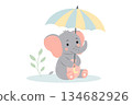 Cute baby elephant sitting with umbrella. Adorable cartoon zoo character. Cartoon flat vector illustration 134682926