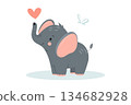 Cute baby elephant with heart. Adorable cartoon zoo character. Cartoon flat vector illustration 134682928