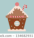 A cute vector illustration of a traditional brown gingerbread house with thick white icing, candy cane details 134682931