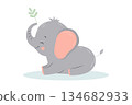 Cute baby elephant playing with twig. Adorable cartoon zoo character. Cartoon flat vector illustration 134682933