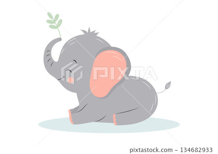 Cute baby elephant playing with twig. Adorable cartoon zoo character. Cartoon flat vector illustration Cute baby elephant playing with twig. Adorable cartoon zoo character. Cartoon flat vector illustration 134682933
