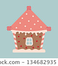 A cute vector illustration of a festive gingerbread house with a pink roof, white frosting, and round candies.  134682935