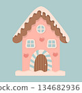 A cute vector illustration of a festive gingerbread house with pink walls, brown roof, a striped door, and pink hearts.  134682936
