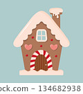 A cute vector illustration of a traditional gingerbread house with thick white frosting, red and white candy details, and hearts.  134682938
