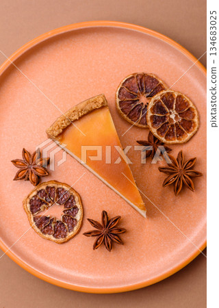 New York cheesecake, a slice of sweet pie, a classic cheesecake dessert. New York cheesecake 134683025