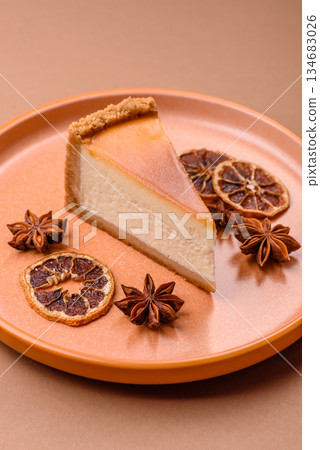 New York cheesecake, a slice of sweet pie, a classic cheesecake dessert. New York cheesecake 134683026