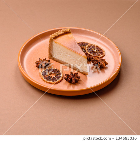 New York cheesecake, a slice of sweet pie, a classic cheesecake dessert. New York cheesecake 134683030