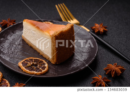 New York cheesecake, a slice of sweet pie, a classic cheesecake dessert. New York cheesecake 134683039