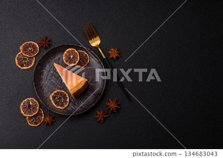 New York cheesecake, a slice of sweet pie, a classic cheesecake dessert. New York cheesecake 134683043