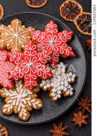Gingerbread, Christmas cookies, and ornamental holiday baked goods. Christmas gingerbread Gingerbread, Christmas cookies, and ornamental holiday baked goods. Christmas gingerbread 134683065
