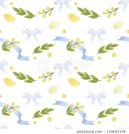 Seamless light pattern with simple yellow flowers, white bows, blue ribbons, green twigs, and leaves. Handmade illustrations, watercolors, pastels. For printing design, textiles, wallpaper, interior 134683146