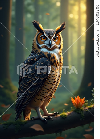 AI generated Dawn scene with bird and blossom, Silent owl near glowing flower at sunrise 134683200