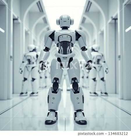 AI generated Hightech security android monitors corridor with precision and discipline AI generated Hightech security android monitors corridor with precision and discipline 134683212