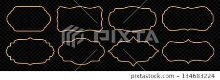 Golden 3d frame set. Ornamental oriental style border, Islamic window shape, Muslim certificate frames, badges, luxury decorative elements. Vector realistic Indian gold metallic decorative shapes Golden 3d frame set. Ornamental oriental style border, Islamic window shape, Muslim certificate frames, badges, luxury decorative elements. Vector realistic Indian gold metallic decorative shapes 134683224