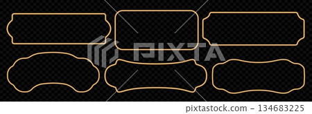 3d gold frames set. Elegant oriental shapes for photos, paintings, windows, royal gallery displays, vintage ornamental vignettes. Realistic shiny golden border collection. Vector illustration 134683225