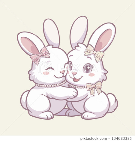 Cute hugging rabbits for Valentine's Day in soft pastel coquette vector style Cute hugging rabbits for Valentine's Day in soft pastel coquette vector style 134683385