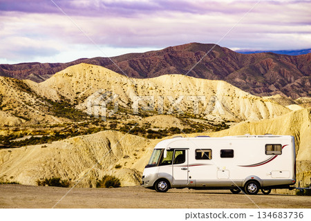 Camper vehiclein Tabernas desert, Spain Camper vehiclein Tabernas desert, Spain 134683736