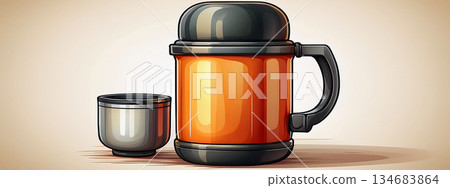 Outdoor Winter Thermos In Forest Scene With Pine Trees And Cozy Travel Mug 134683864