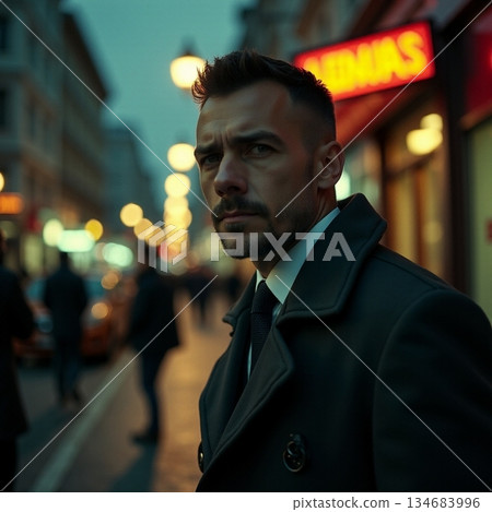 AI generated Cityscape at night showing professional with reflective mood amidst vibrant AI generated Cityscape at night showing professional with reflective mood amidst vibrant 134683996