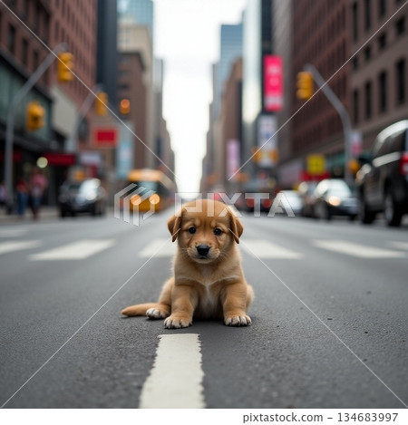 AI generated Small puppy peacefully lying among bustling city surroundings and structures 134683997