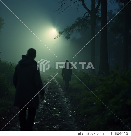 AI generated Dramatic misty night featuring solitary investigator and distant shadow 134684430