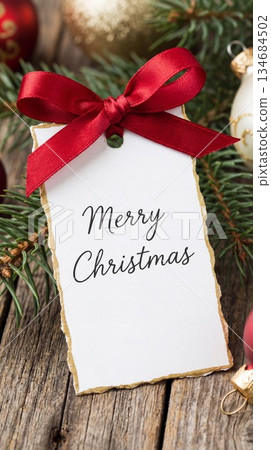 Merry Christmas tag with red ribbon on wooden table surrounded by pine branches and ornaments 134684502