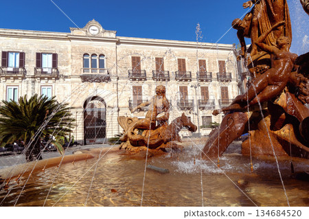 Historic Fountain of Diana in Syracuse City Center, Italy. Historic Fountain of Diana in Syracuse City Center, Italy. 134684520